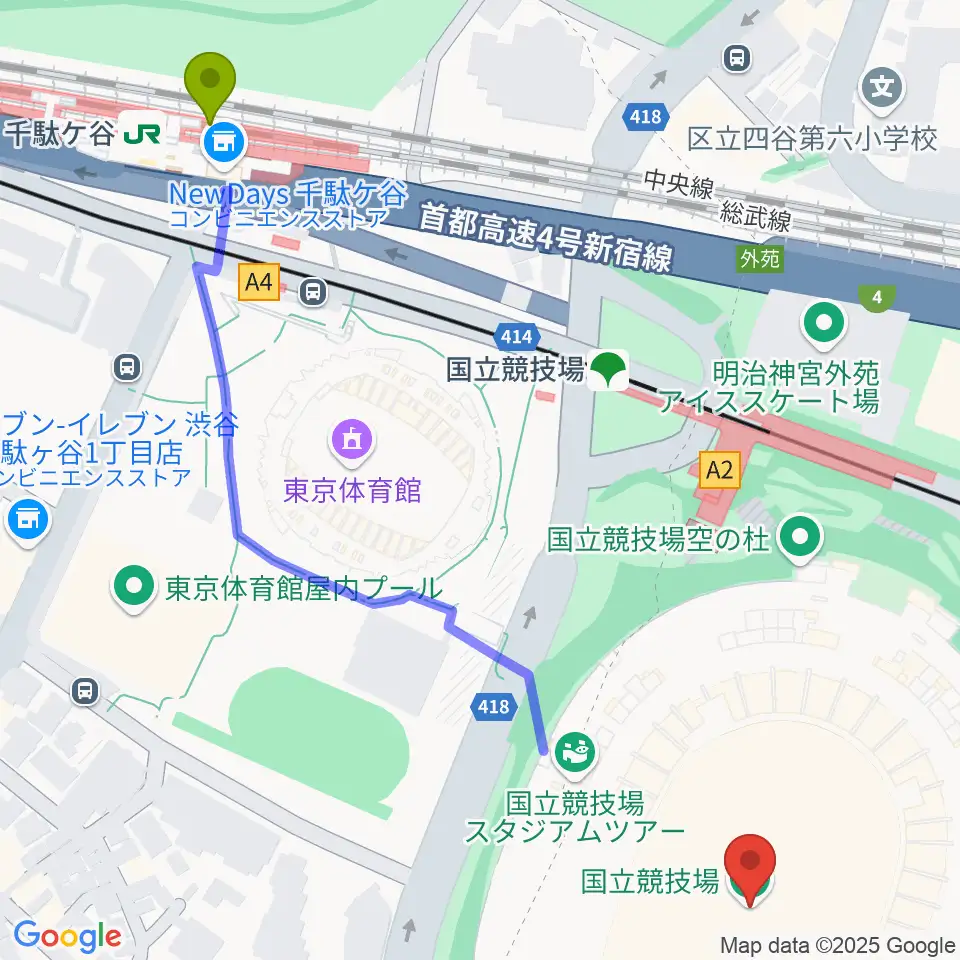 千駄ケ谷駅から国立競技場へのルートマップ地図