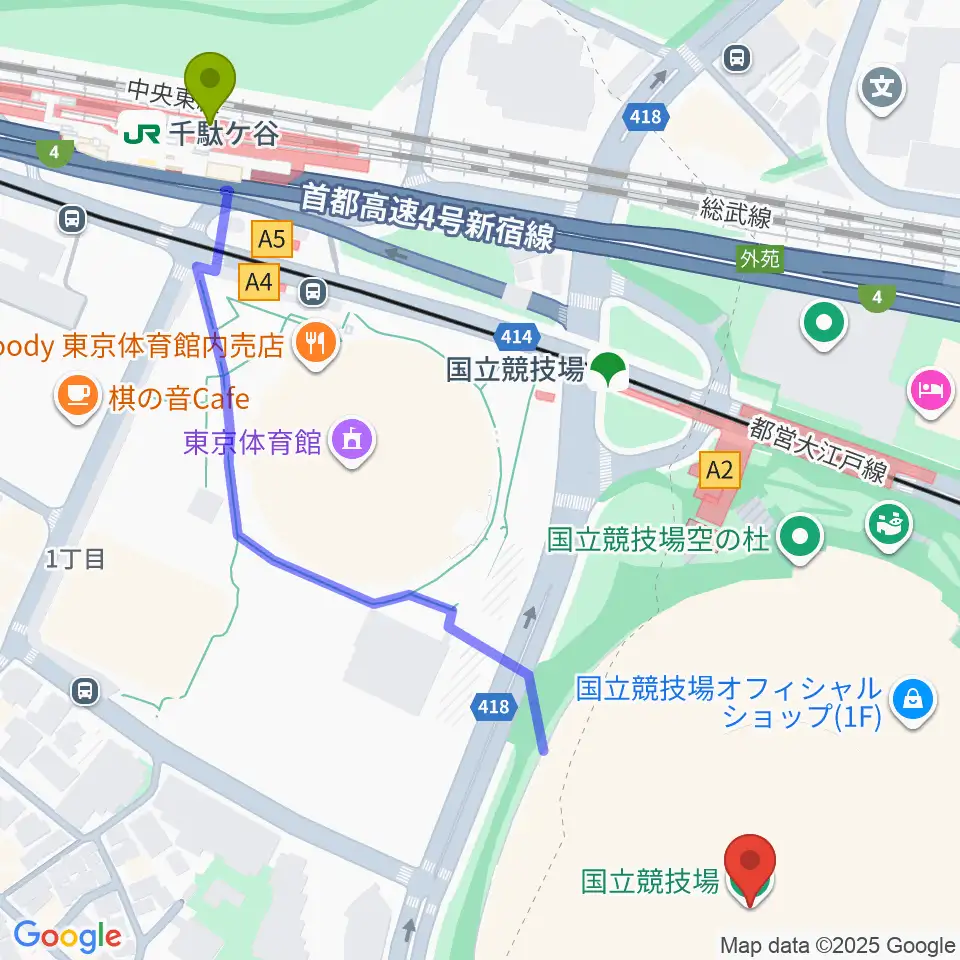 千駄ケ谷駅から国立競技場へのルートマップ地図