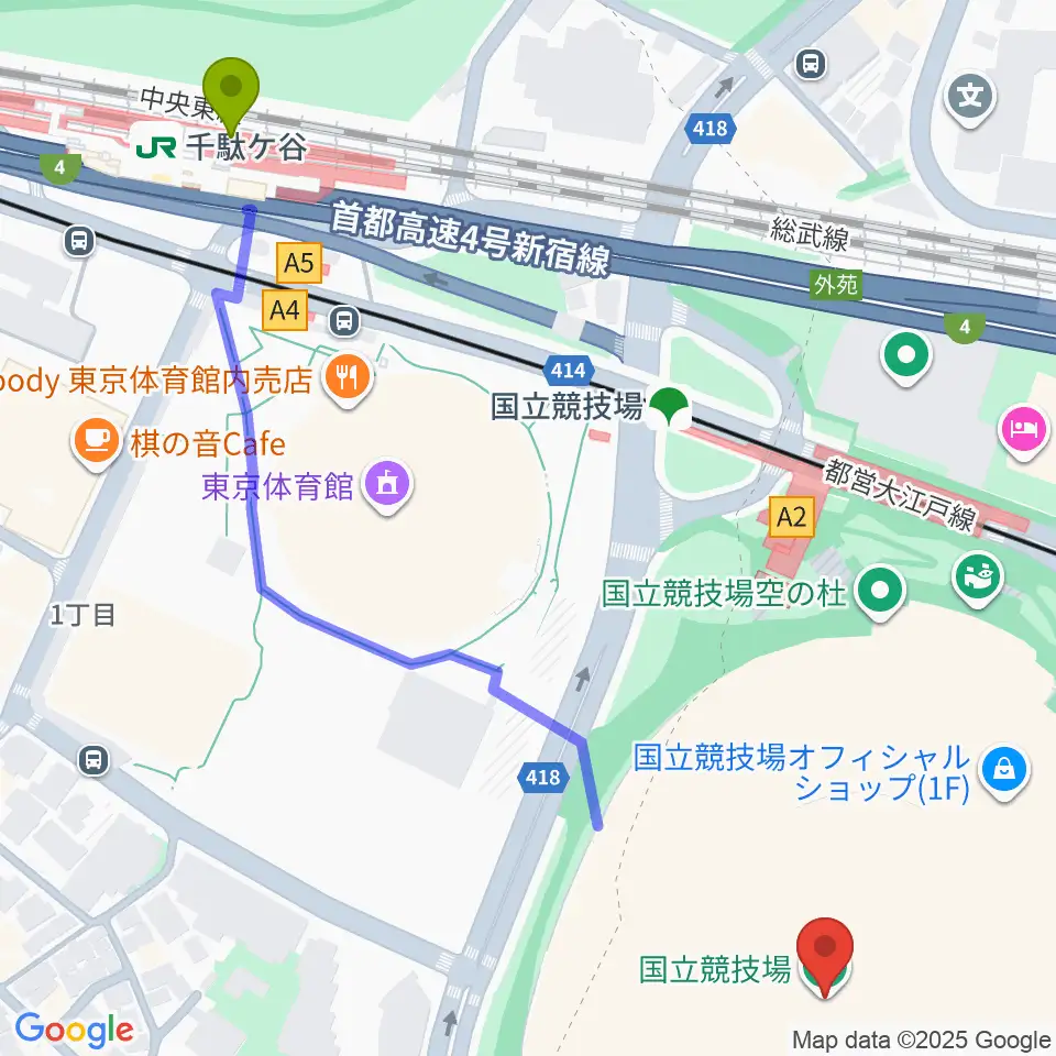 千駄ケ谷駅からMUFGスタジアムへのルートマップ地図