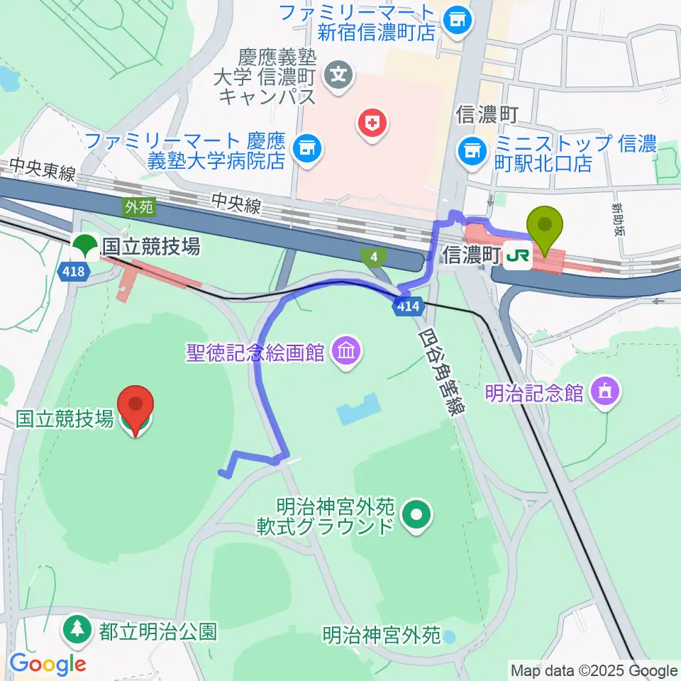 信濃町駅から国立競技場へのルートマップ地図