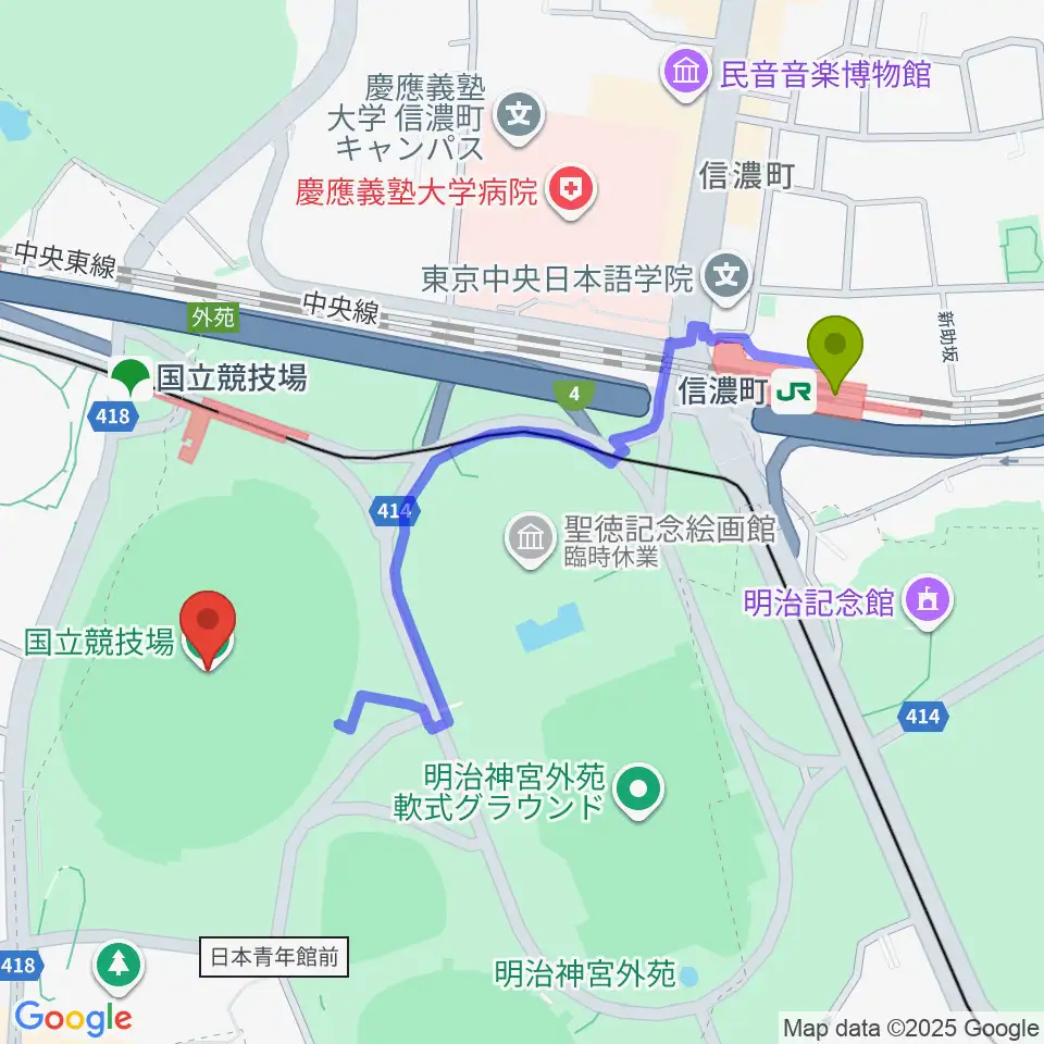 信濃町駅からMUFGスタジアムへのルートマップ地図