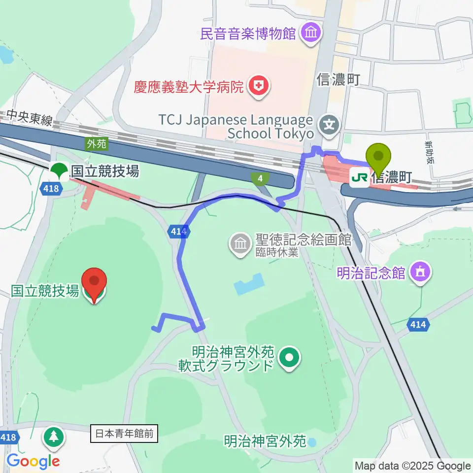 信濃町駅からMUFGスタジアムへのルートマップ地図