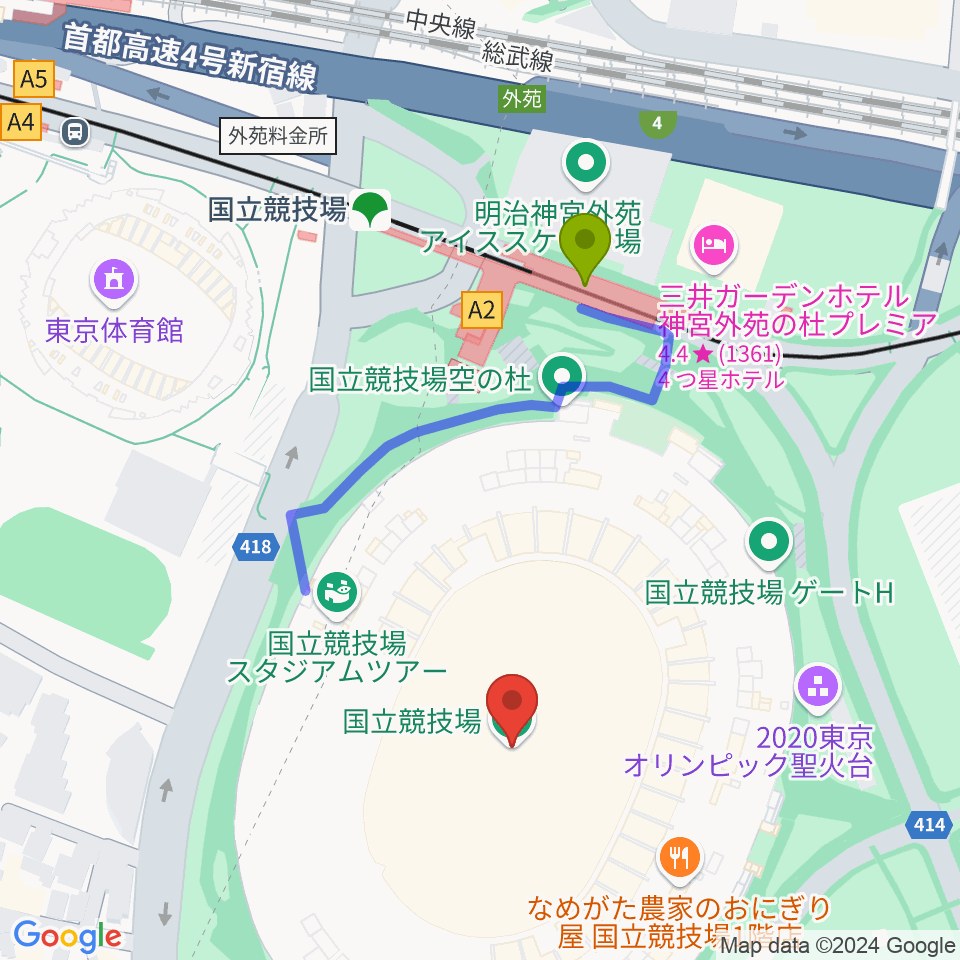 国立競技場の最寄駅国立競技場駅からの徒歩ルート（約4分）地図