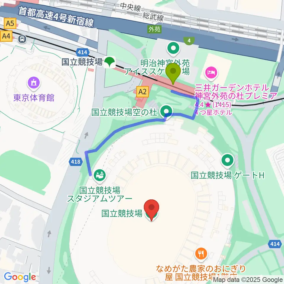 国立競技場の最寄駅国立競技場駅からの徒歩ルート（約4分）地図