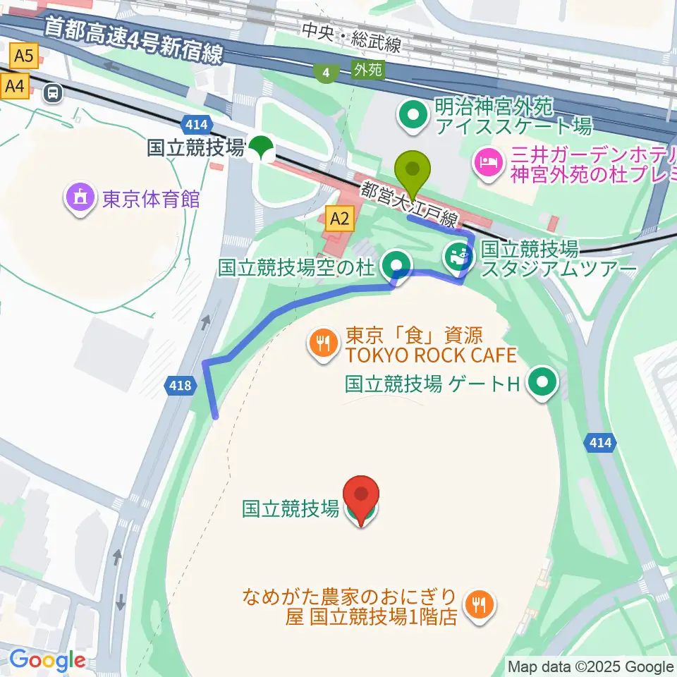 MUFGスタジアムの最寄駅国立競技場駅からの徒歩ルート（約4分）地図