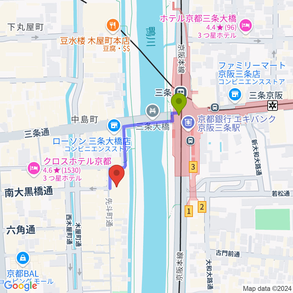 先斗町歌舞練場の最寄駅三条駅からの徒歩ルート（約3分）地図