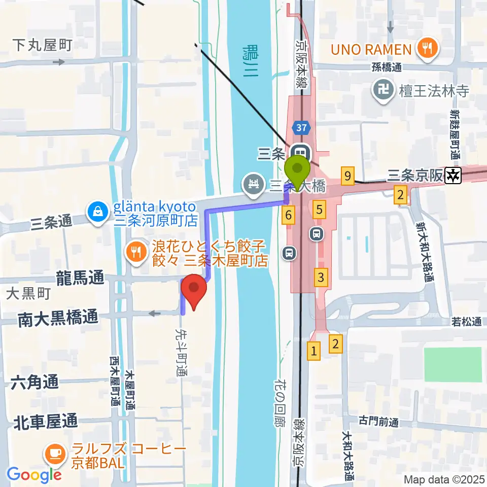 先斗町歌舞練場の最寄駅三条駅からの徒歩ルート（約3分）地図