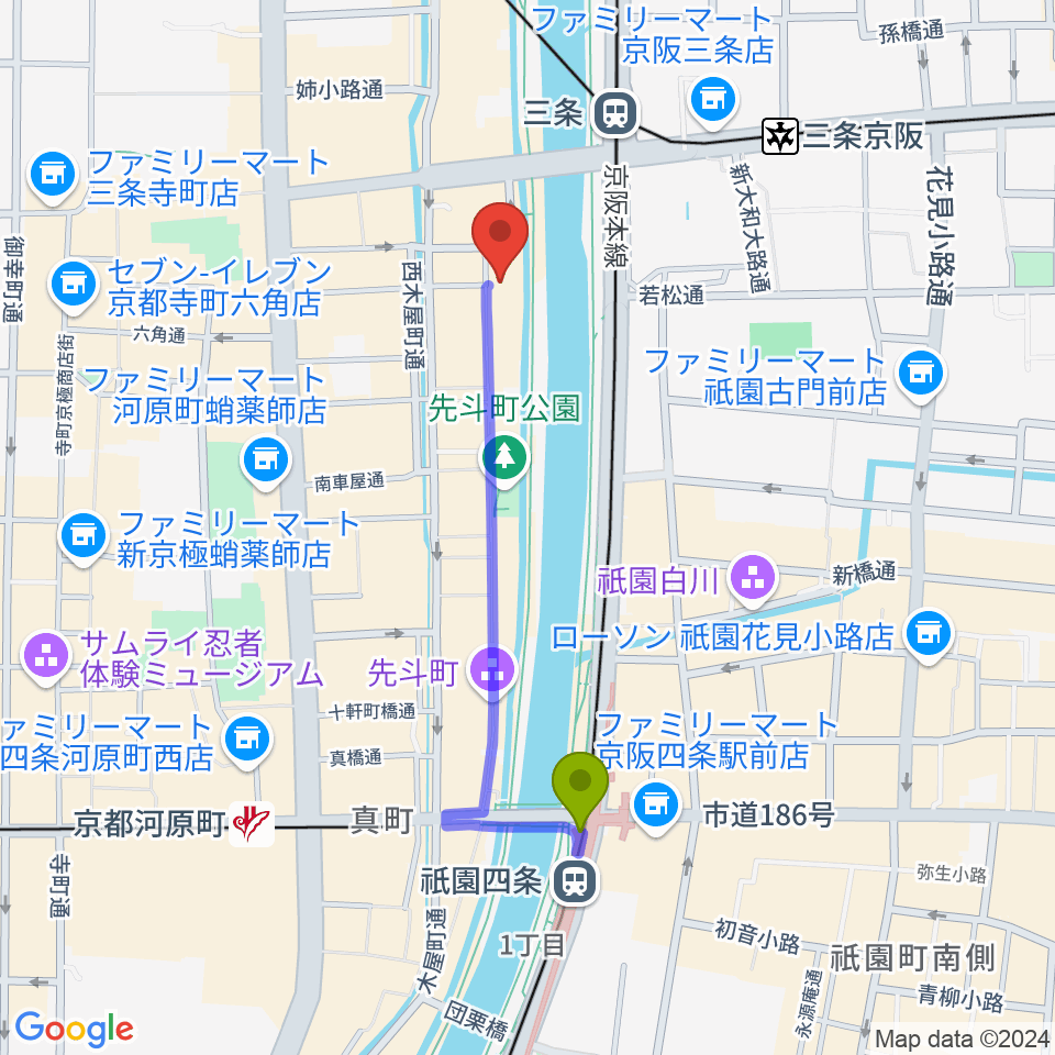 祇園四条駅から先斗町歌舞練場へのルートマップ地図