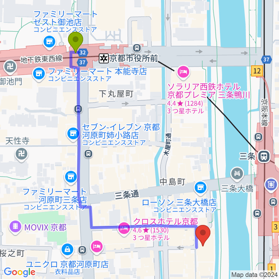 京都市役所前駅から先斗町歌舞練場へのルートマップ地図