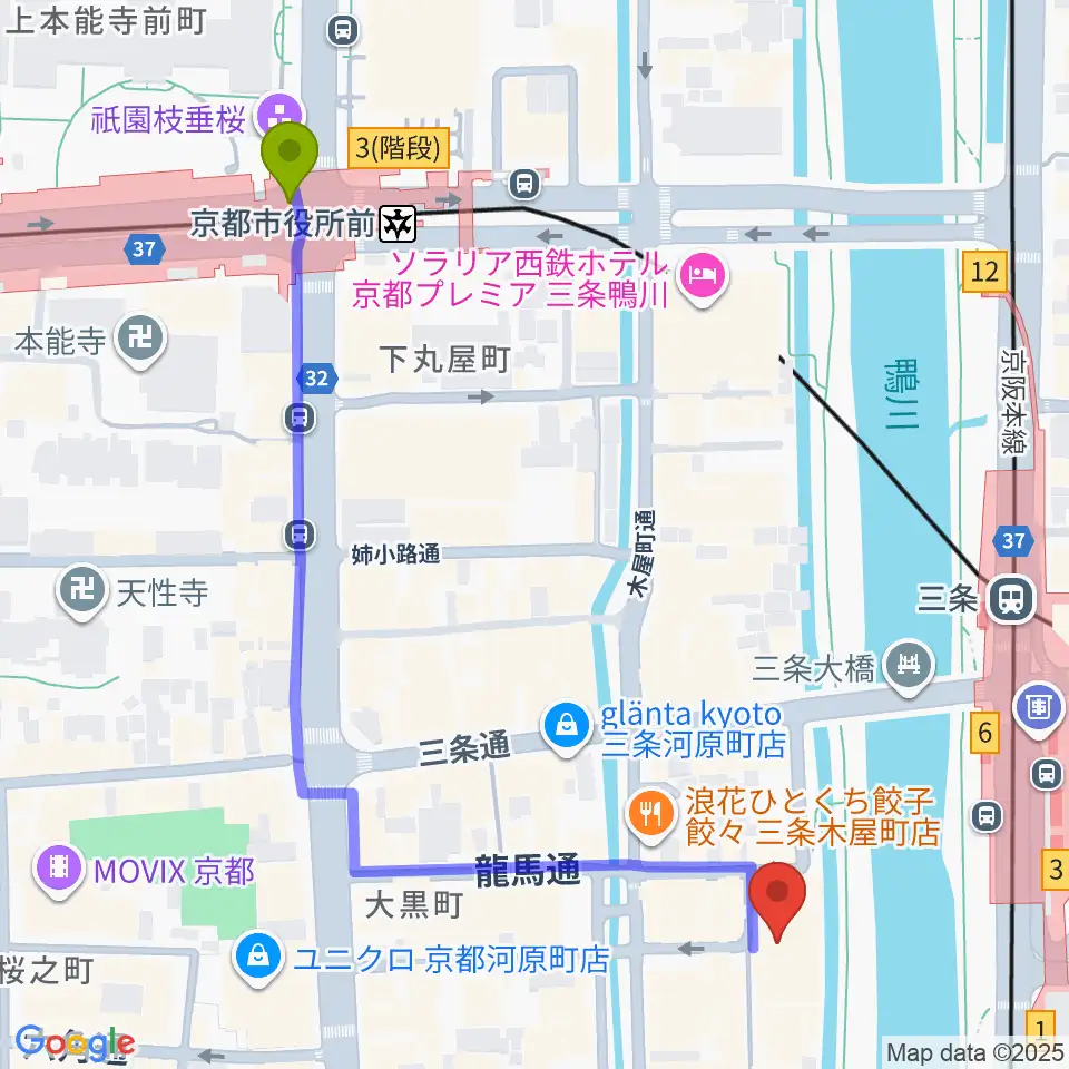京都市役所前駅から先斗町歌舞練場へのルートマップ地図