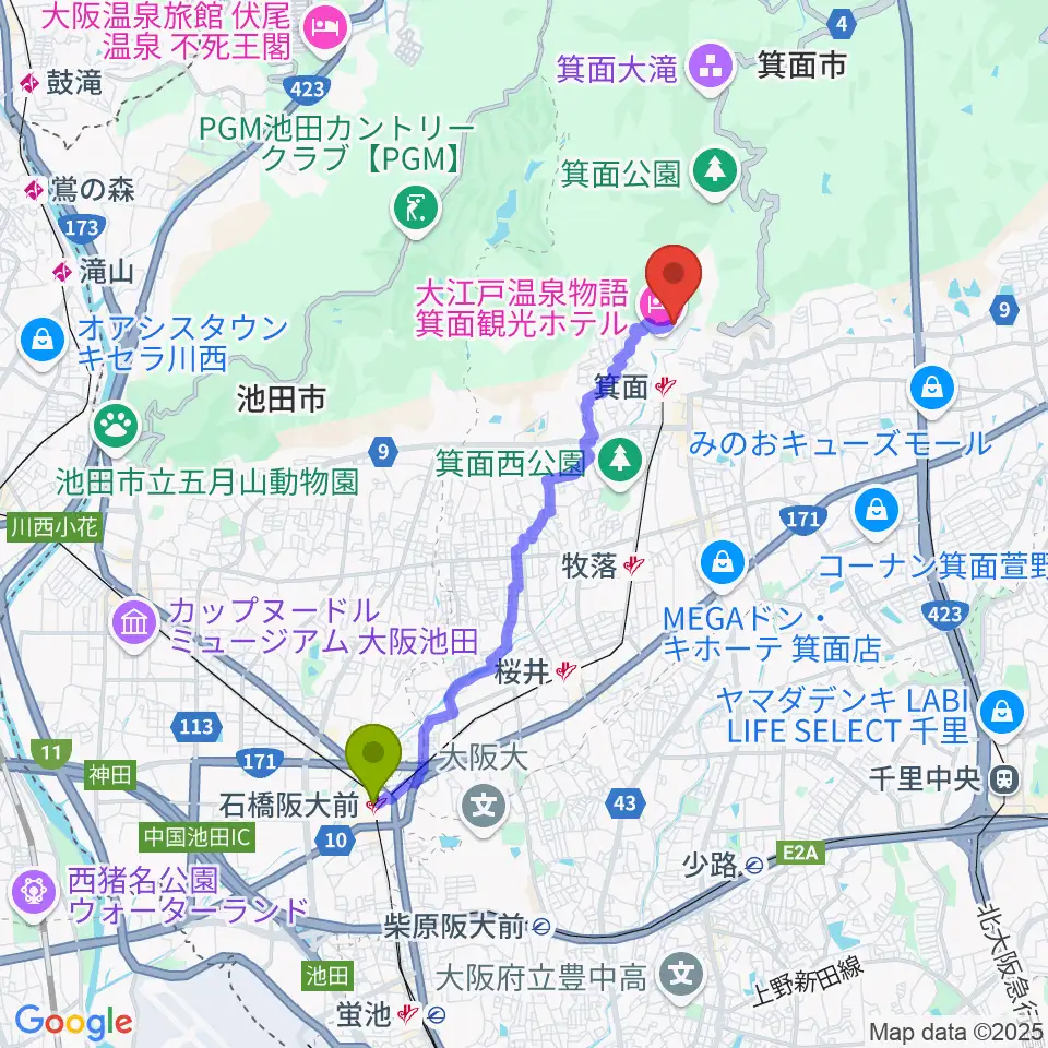 石橋阪大前駅から箕面劇場へのルートマップ地図