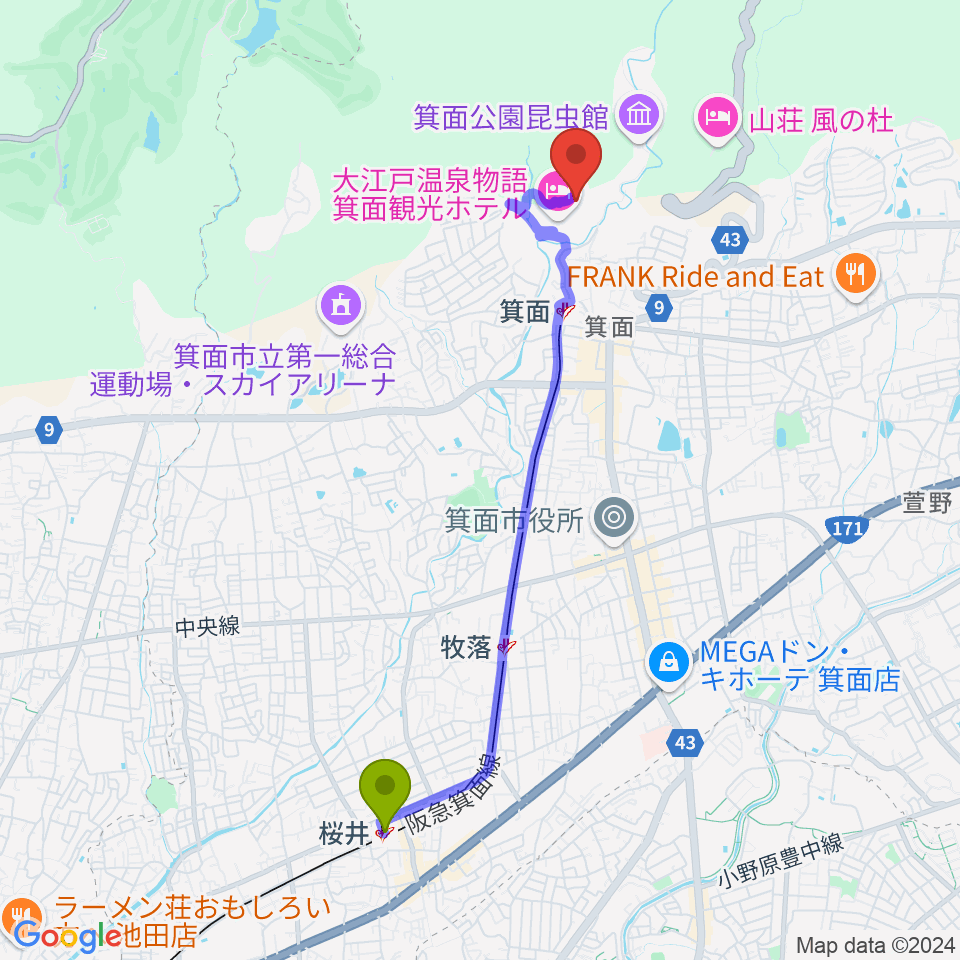 桜井駅から箕面劇場へのルートマップ地図