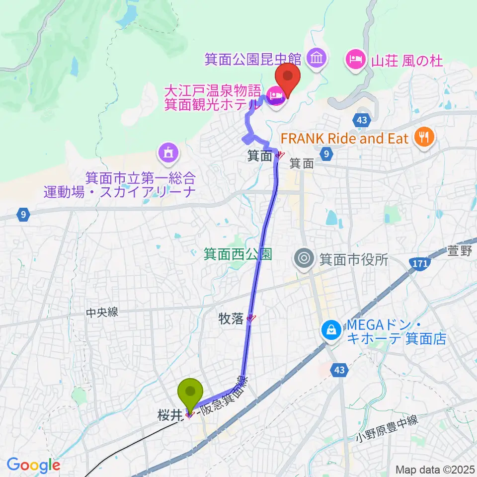 桜井駅から箕面劇場へのルートマップ地図