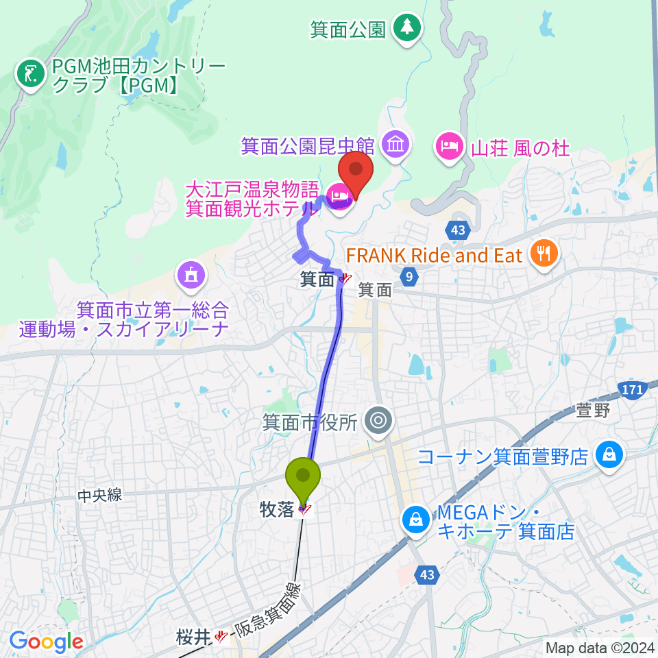 牧落駅から箕面劇場へのルートマップ地図