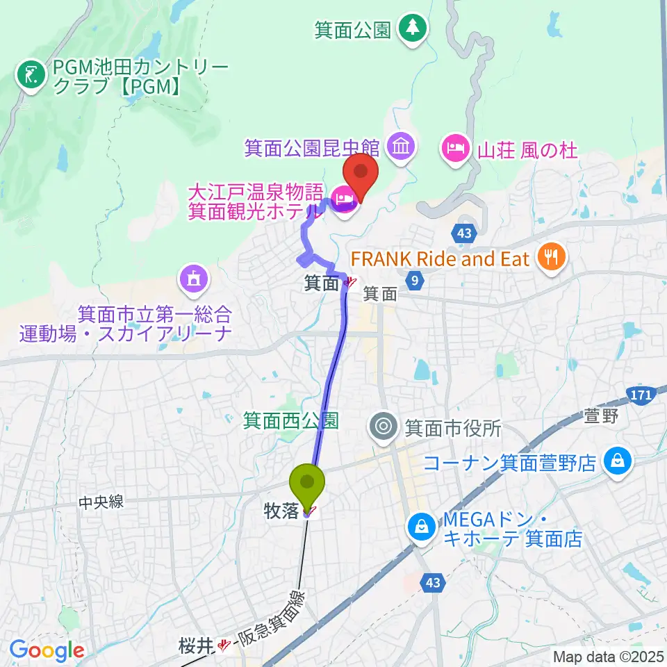 牧落駅から箕面劇場へのルートマップ地図