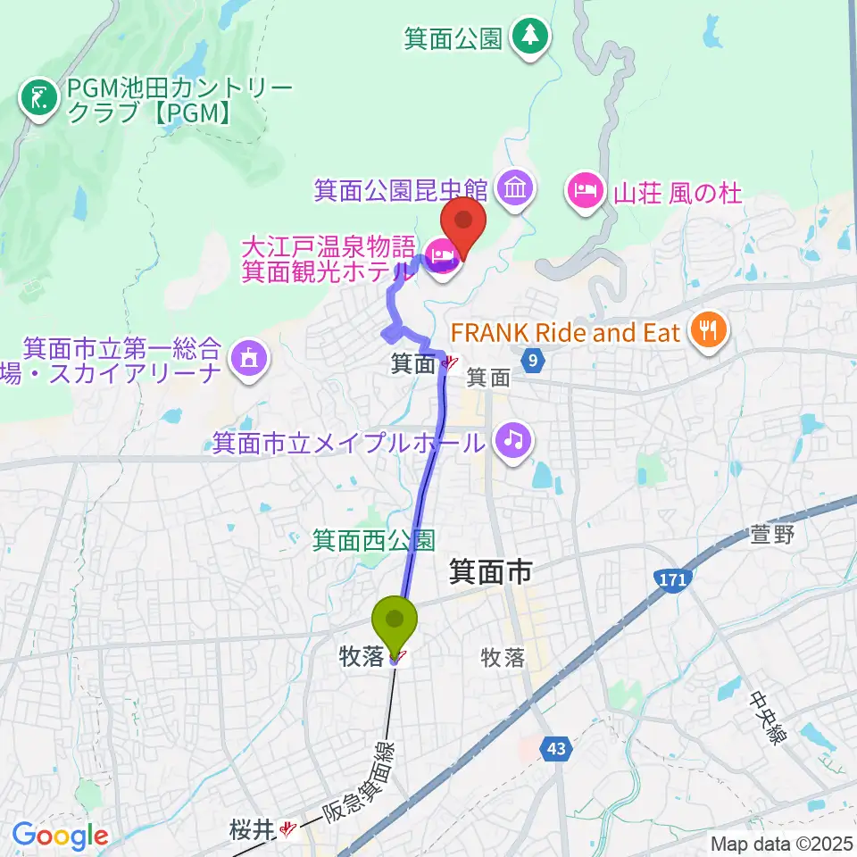 牧落駅から箕面劇場へのルートマップ地図
