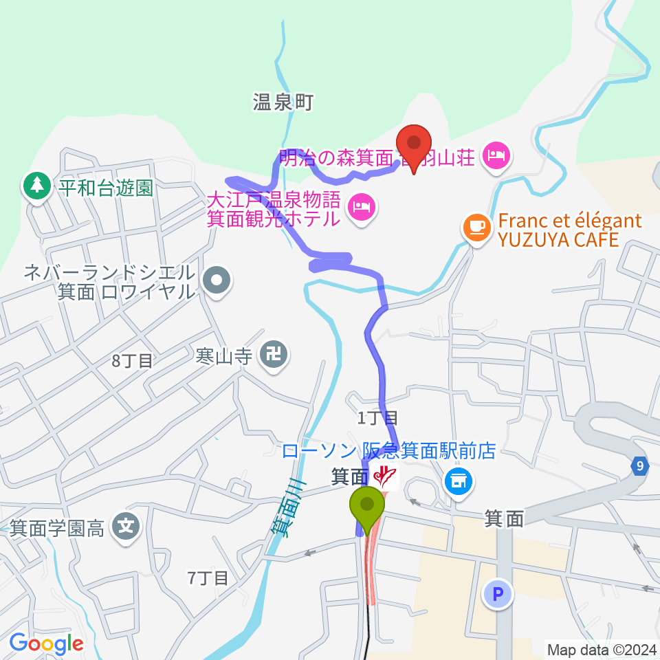 箕面劇場の最寄駅箕面駅からの徒歩ルート（約9分）地図