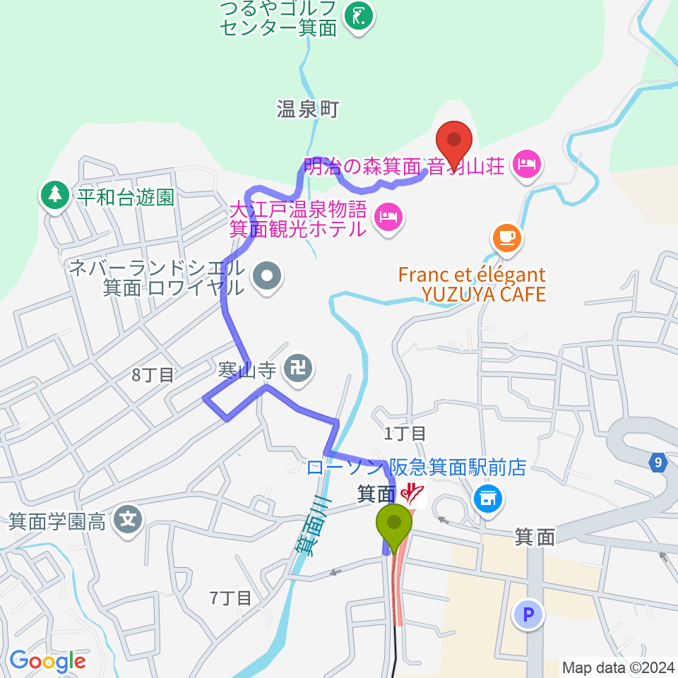 箕面劇場の最寄駅箕面駅からの徒歩ルート（約9分）地図