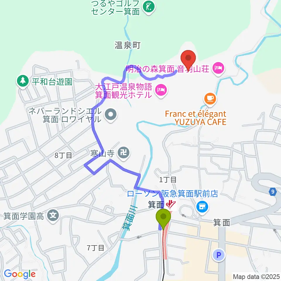 箕面劇場の最寄駅箕面駅からの徒歩ルート（約9分）地図