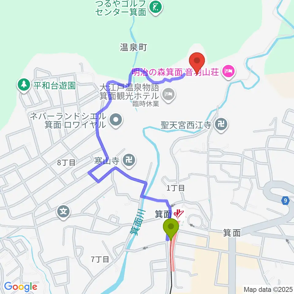 箕面劇場の最寄駅箕面駅からの徒歩ルート（約9分）地図