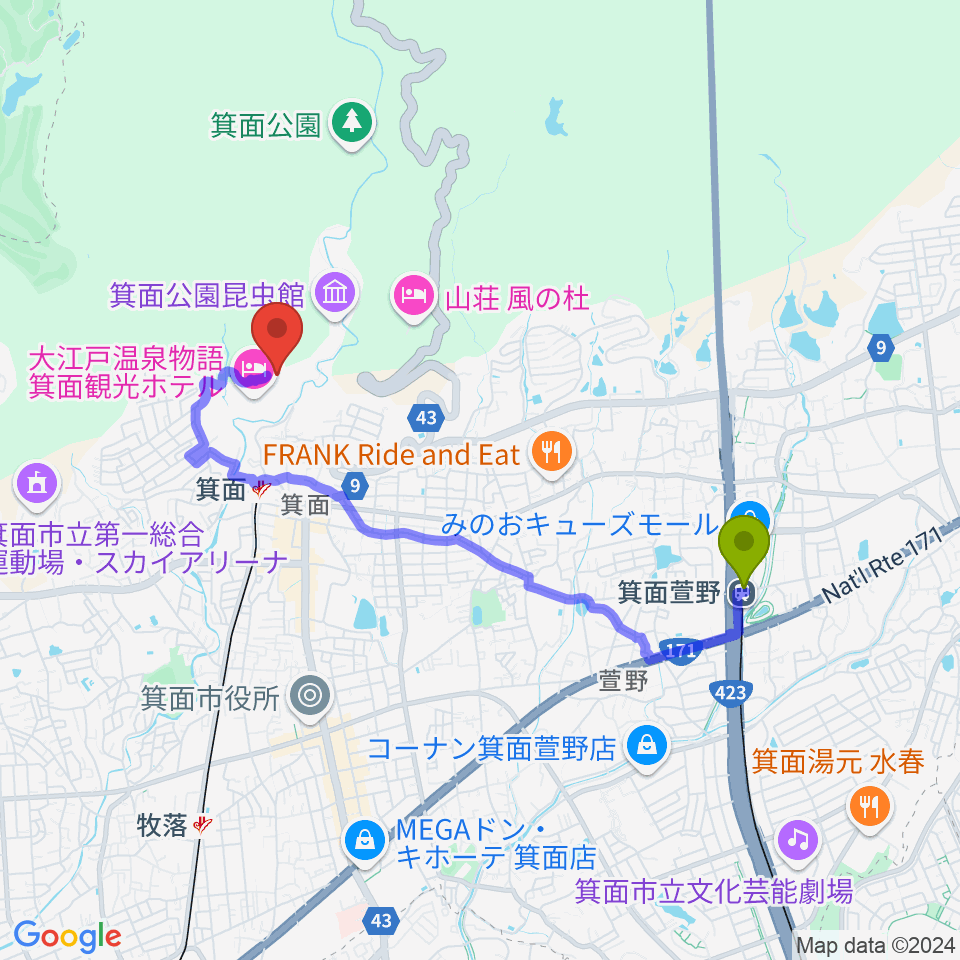 箕面萱野駅から箕面劇場へのルートマップ地図