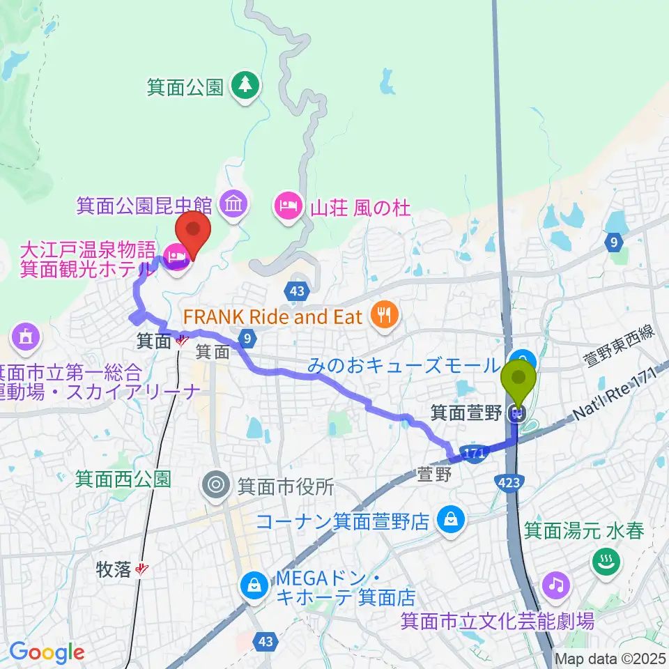 箕面萱野駅から箕面劇場へのルートマップ地図