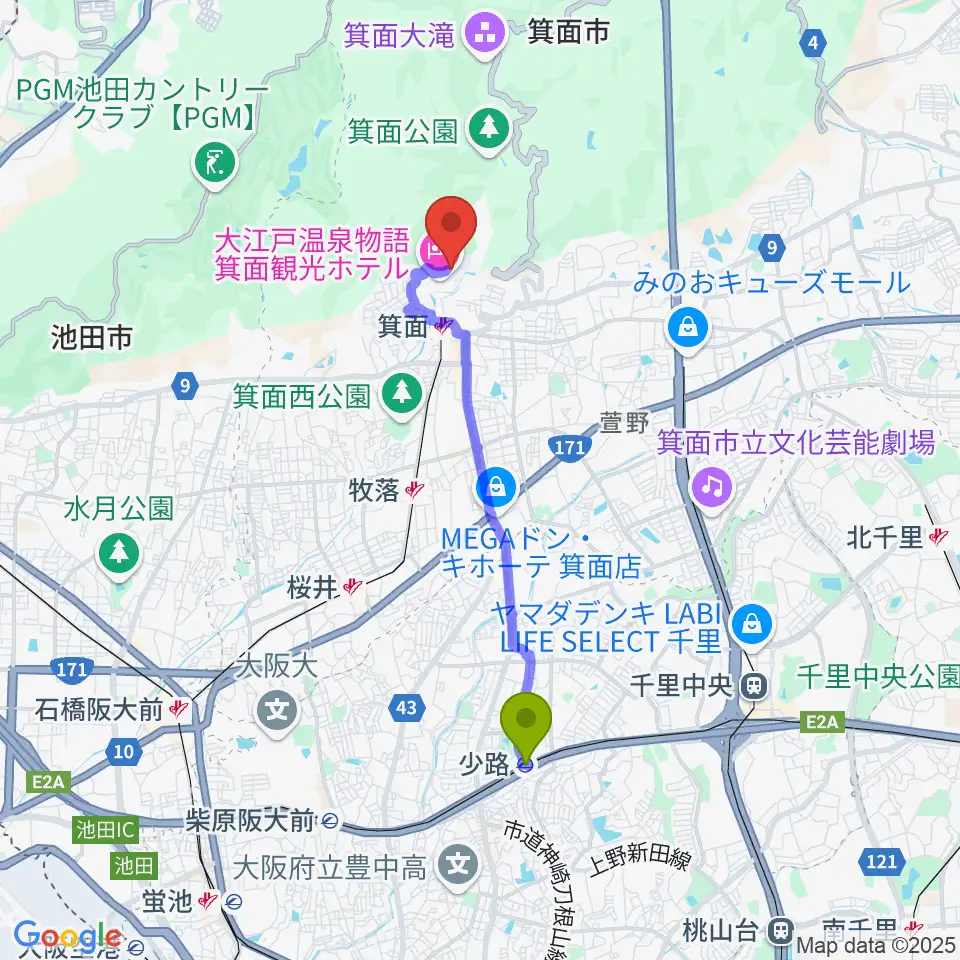 少路駅から箕面劇場へのルートマップ地図