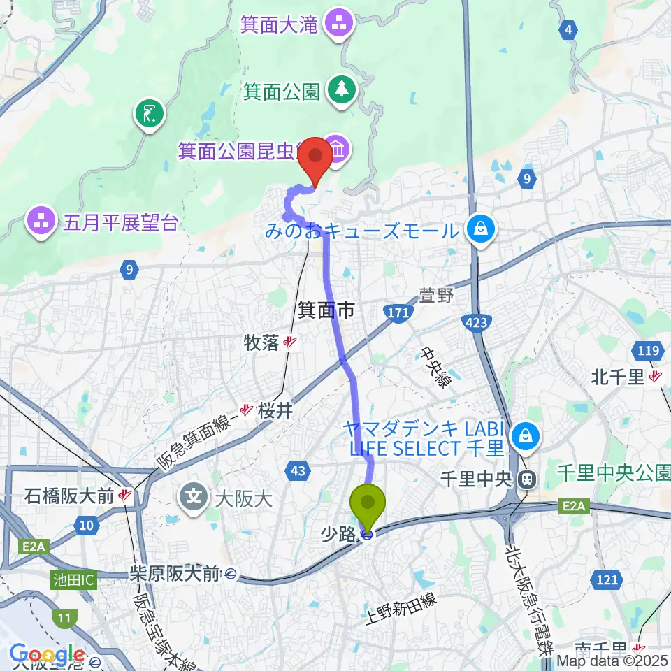 少路駅から箕面劇場へのルートマップ地図