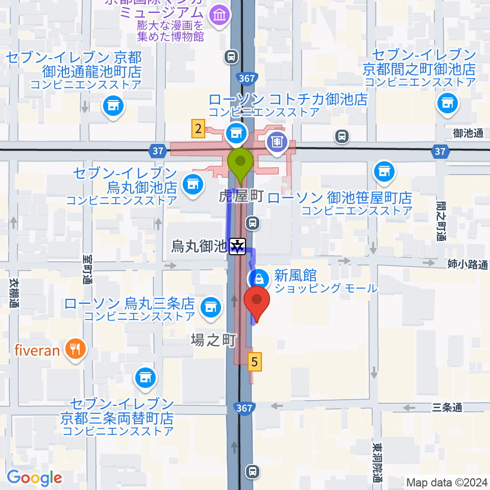 アップリンク京都の最寄駅烏丸御池駅からの徒歩ルート 約2分 Mdata