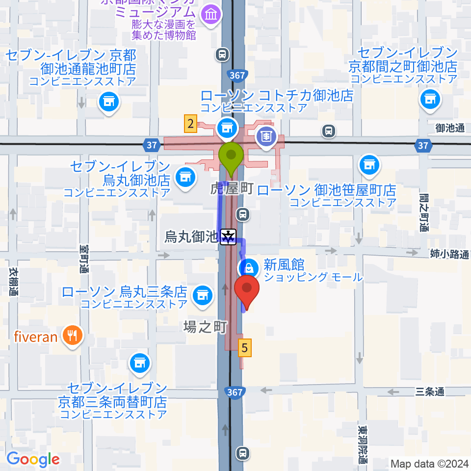 アップリンク京都の最寄駅烏丸御池駅からの徒歩ルート（約2分）地図