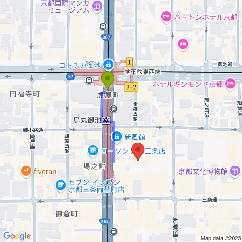 アップリンク京都の最寄駅烏丸御池駅からの徒歩ルート（約2分）地図
