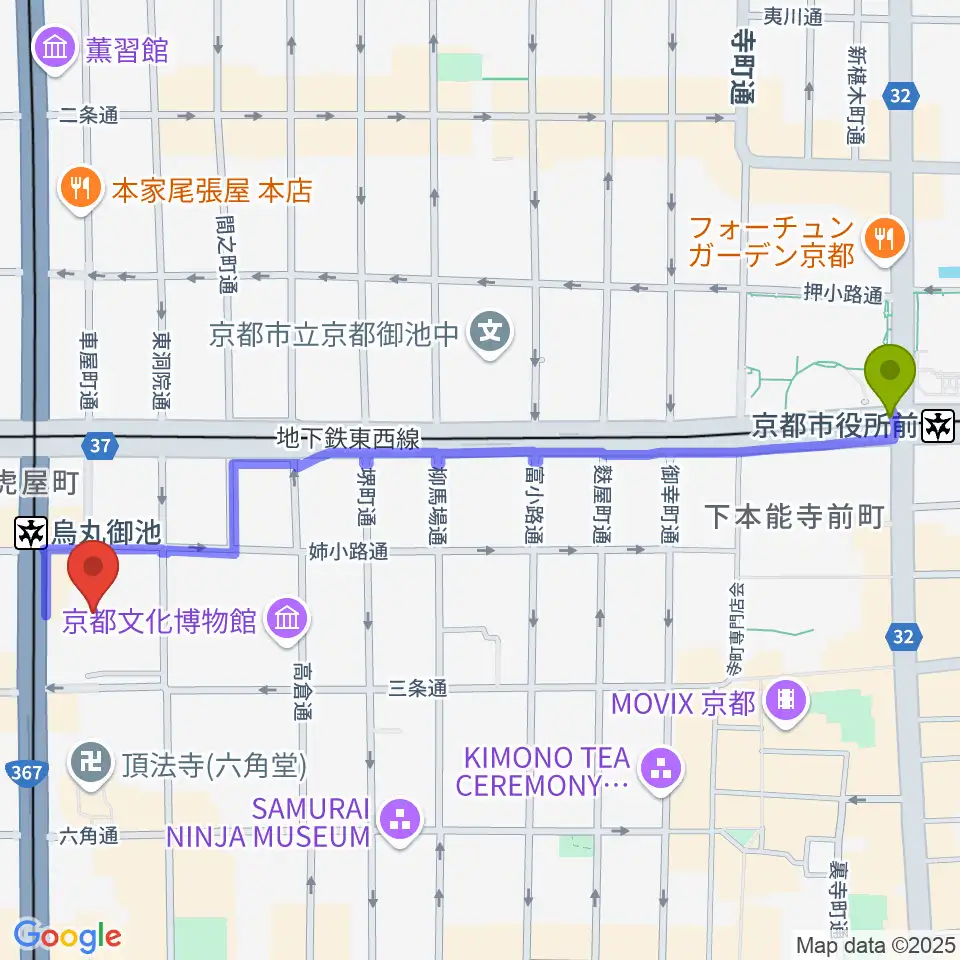 京都市役所前駅からアップリンク京都へのルートマップ地図