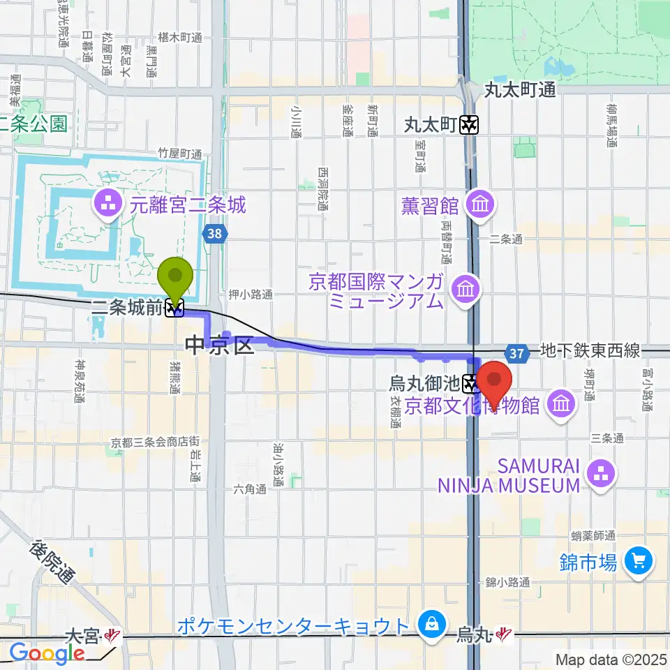 二条城前駅からアップリンク京都へのルートマップ地図