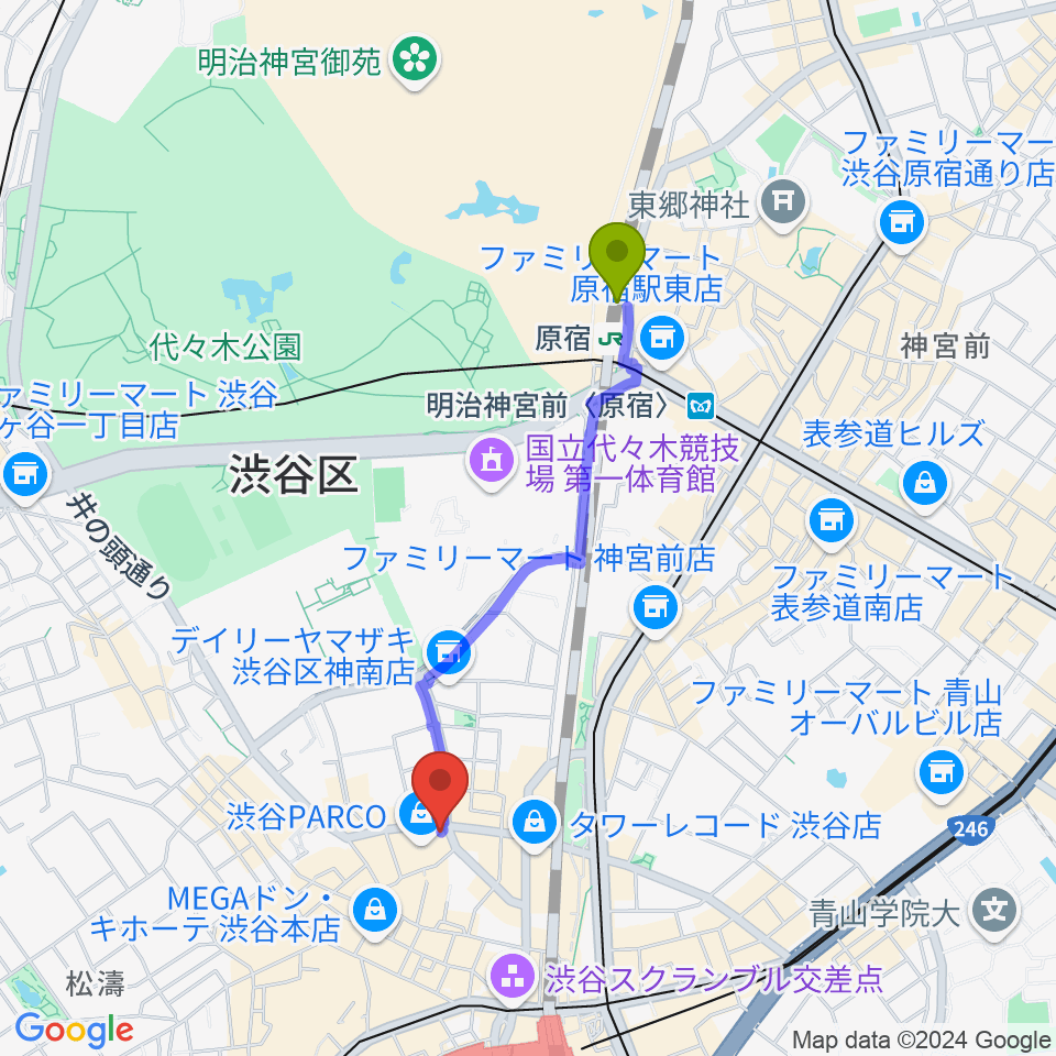 原宿駅からホワイトシネクイントへのルートマップ地図