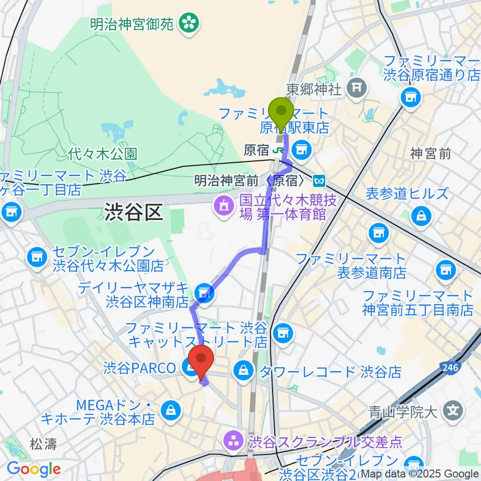 原宿駅からホワイトシネクイントへのルートマップ地図