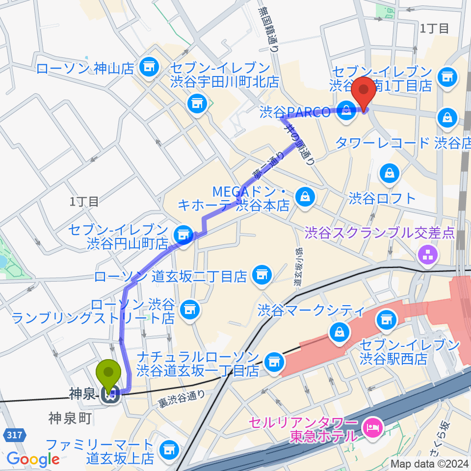 神泉駅からホワイトシネクイントへのルートマップ地図