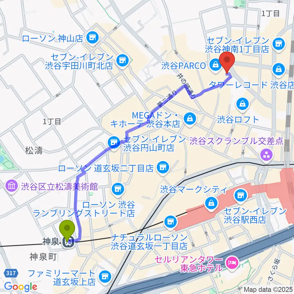 神泉駅からホワイトシネクイントへのルートマップ地図