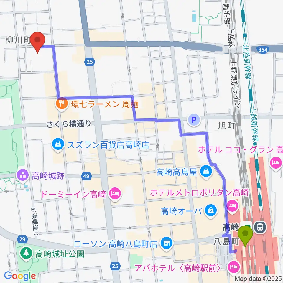 高崎電気館の最寄駅高崎駅からの徒歩ルート（約15分） MDATA