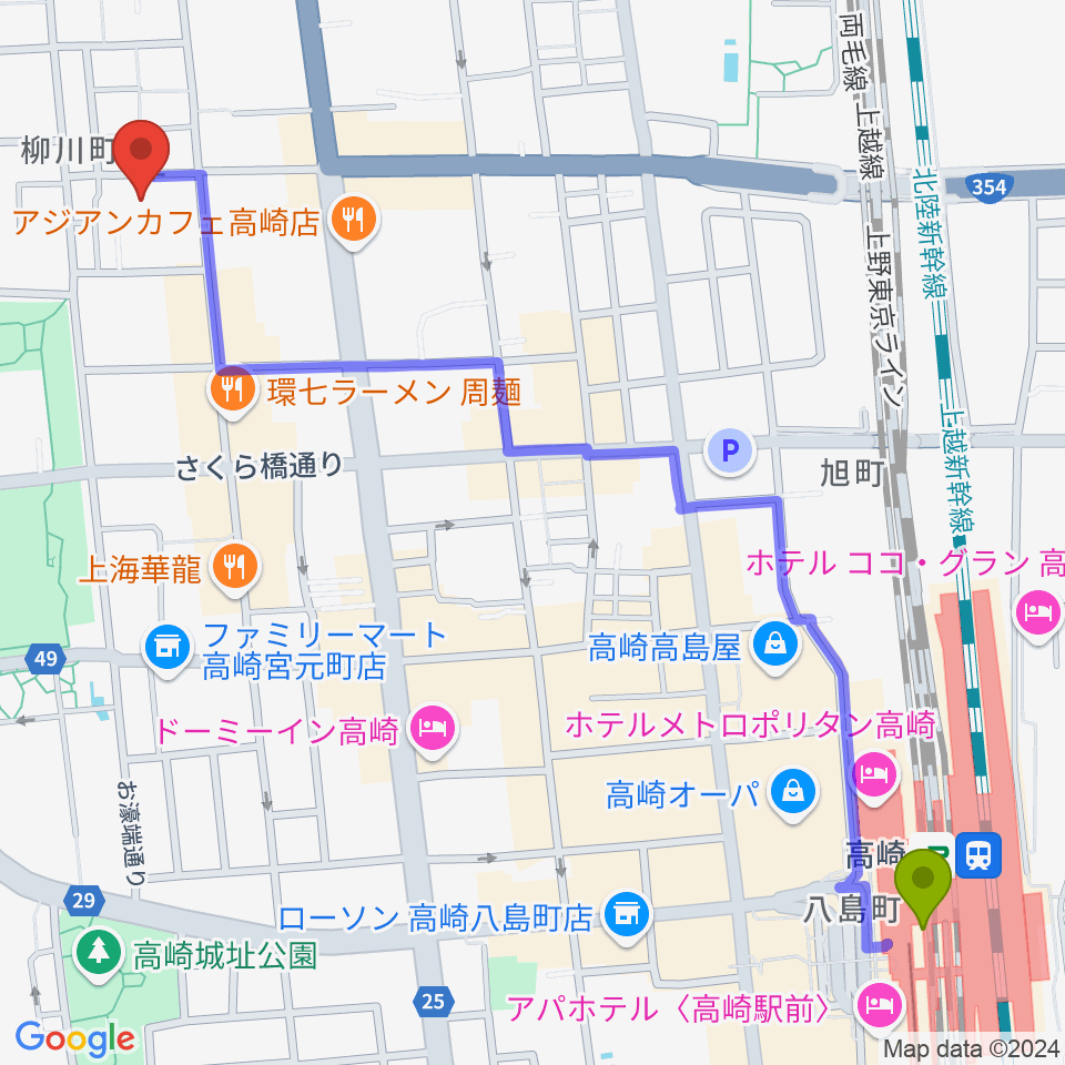 高崎電気館の最寄駅高崎駅からの徒歩ルート（約15分）地図