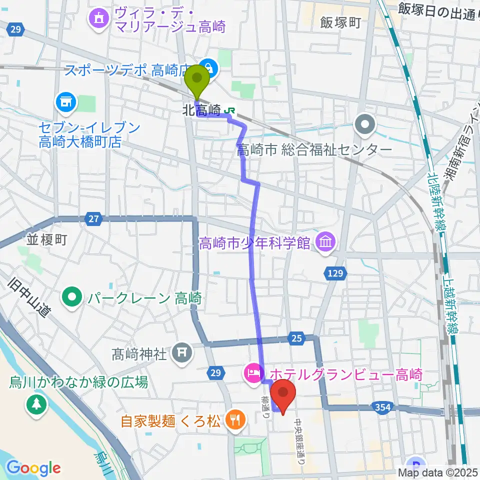 北高崎駅から高崎電気館へのルートマップ MDATA
