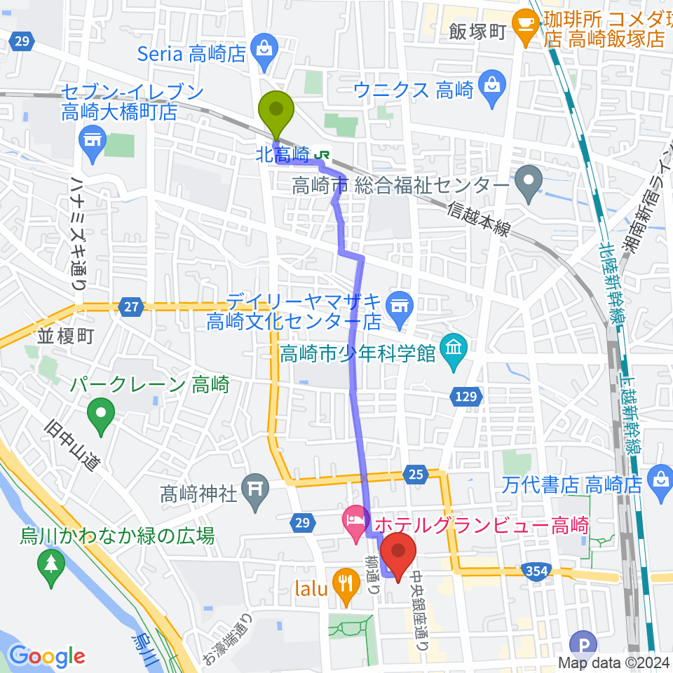 北高崎駅から高崎電気館へのルートマップ地図