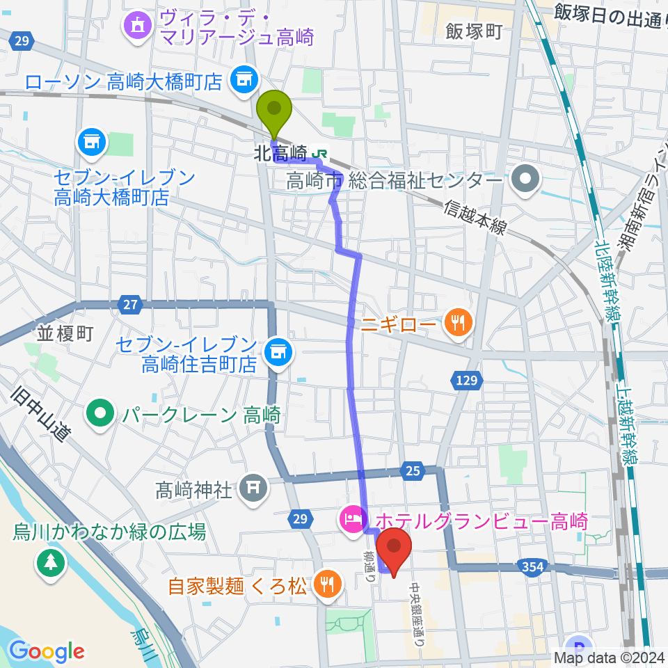 北高崎駅から高崎電気館へのルートマップ地図