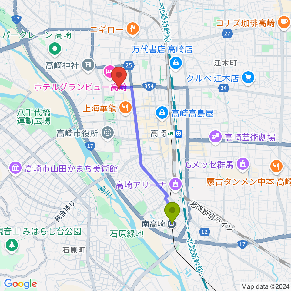 南高崎駅から高崎電気館へのルートマップ地図