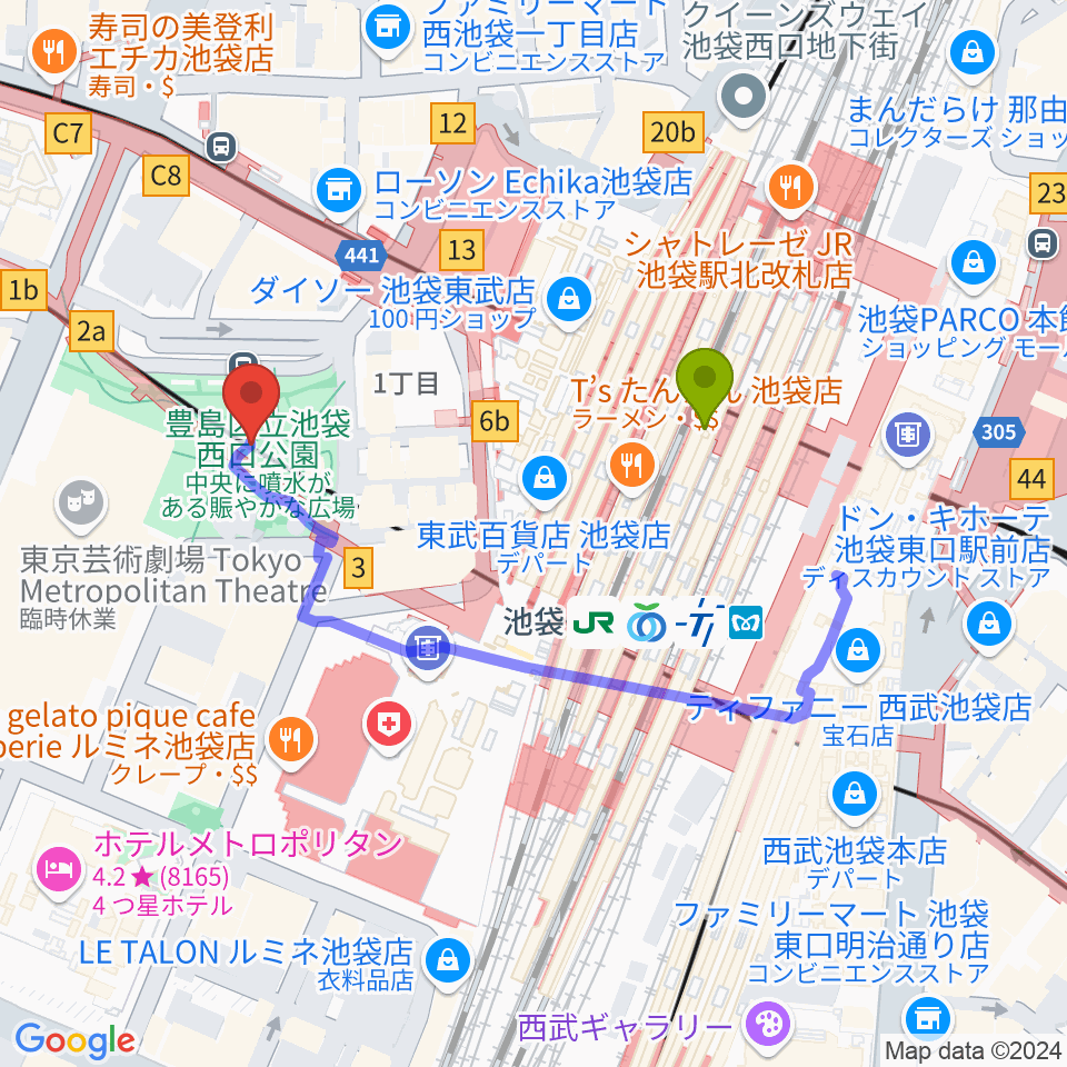 池袋西口グローバルリングの最寄駅池袋駅からの徒歩ルート（約3分）地図