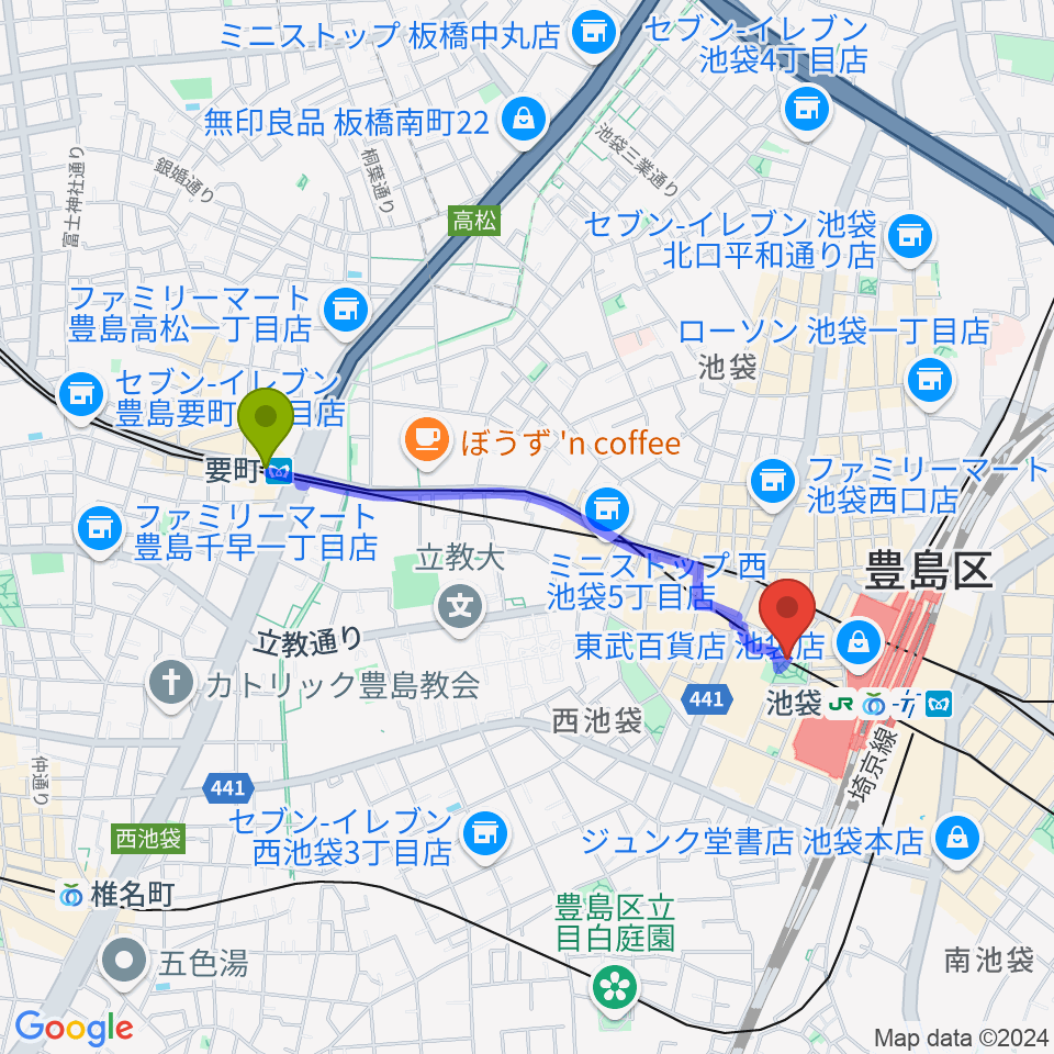 要町駅から池袋西口グローバルリングへのルートマップ地図