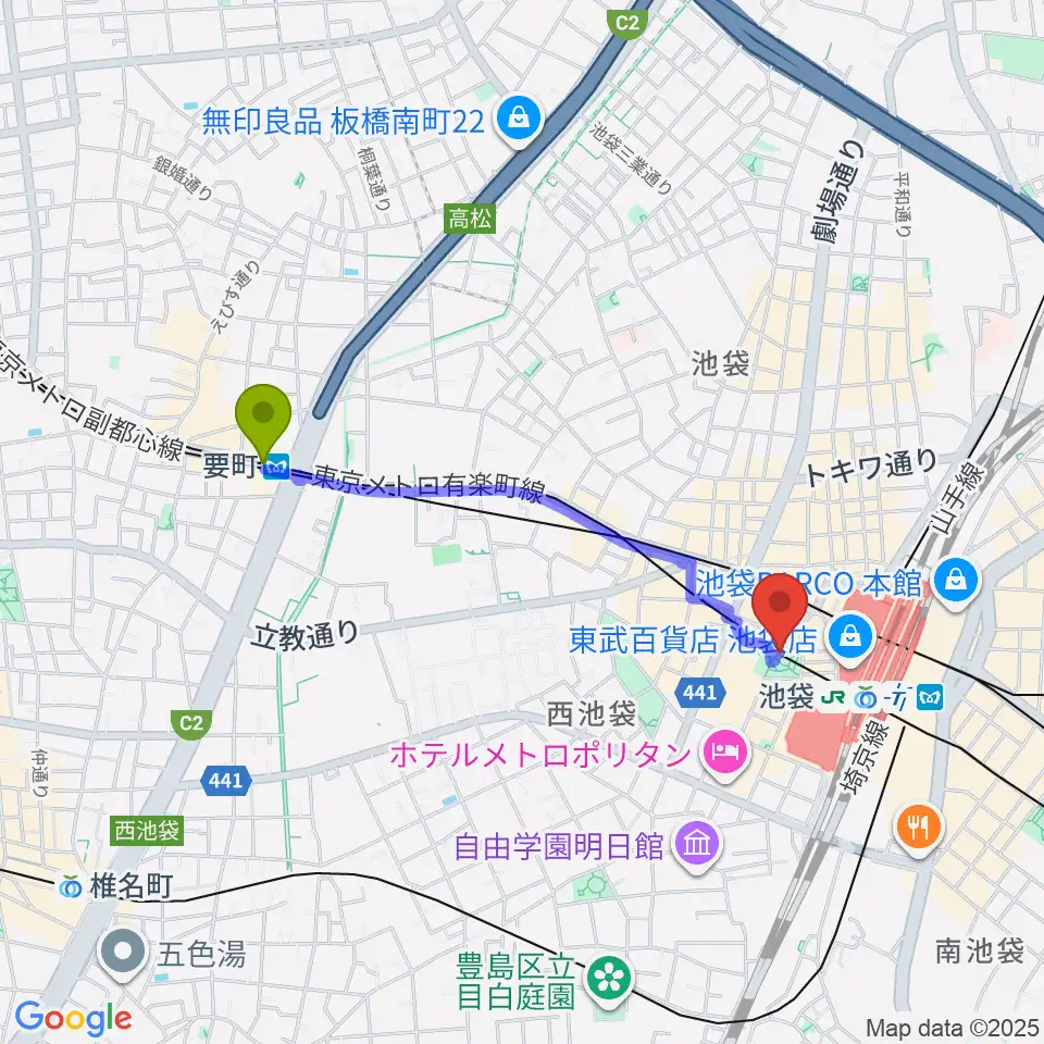要町駅から池袋西口グローバルリングへのルートマップ地図