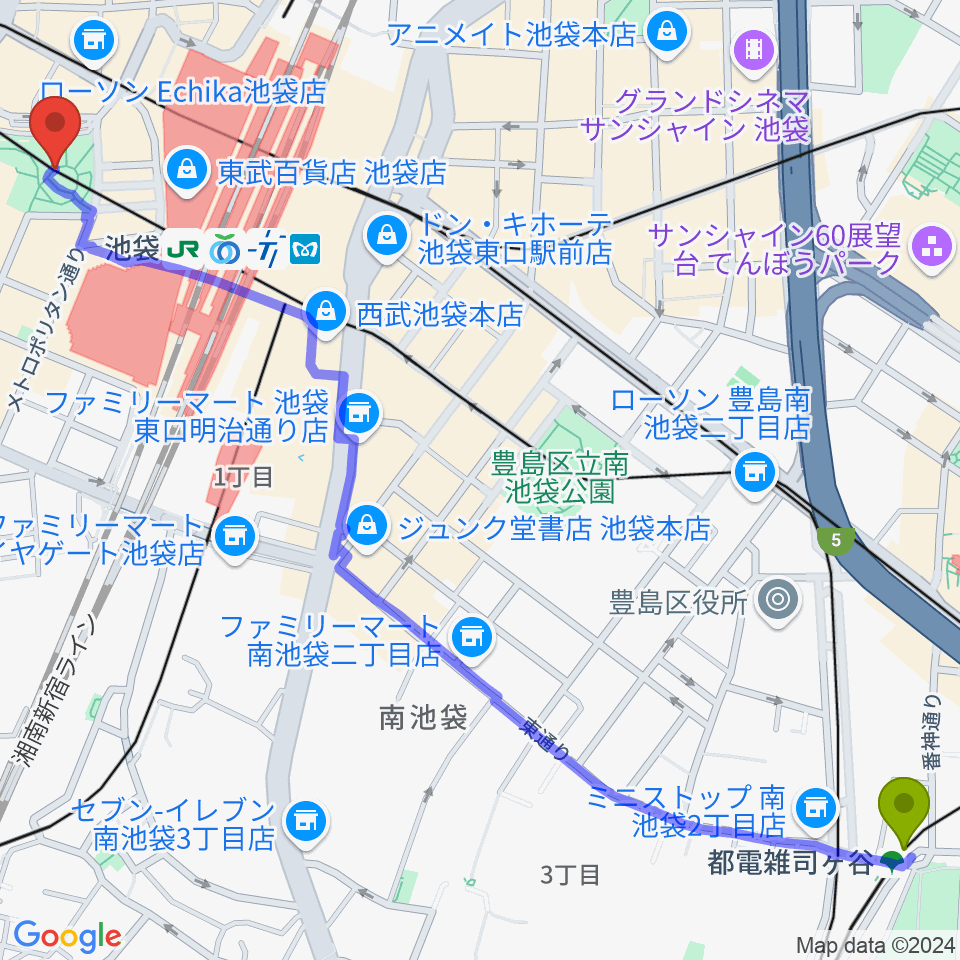 都電雑司ヶ谷駅から池袋西口グローバルリングへのルートマップ地図