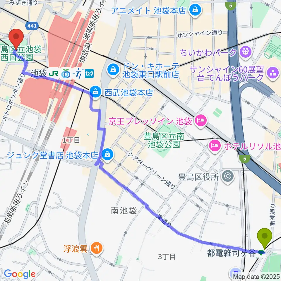 都電雑司ヶ谷駅から池袋西口グローバルリングへのルートマップ地図