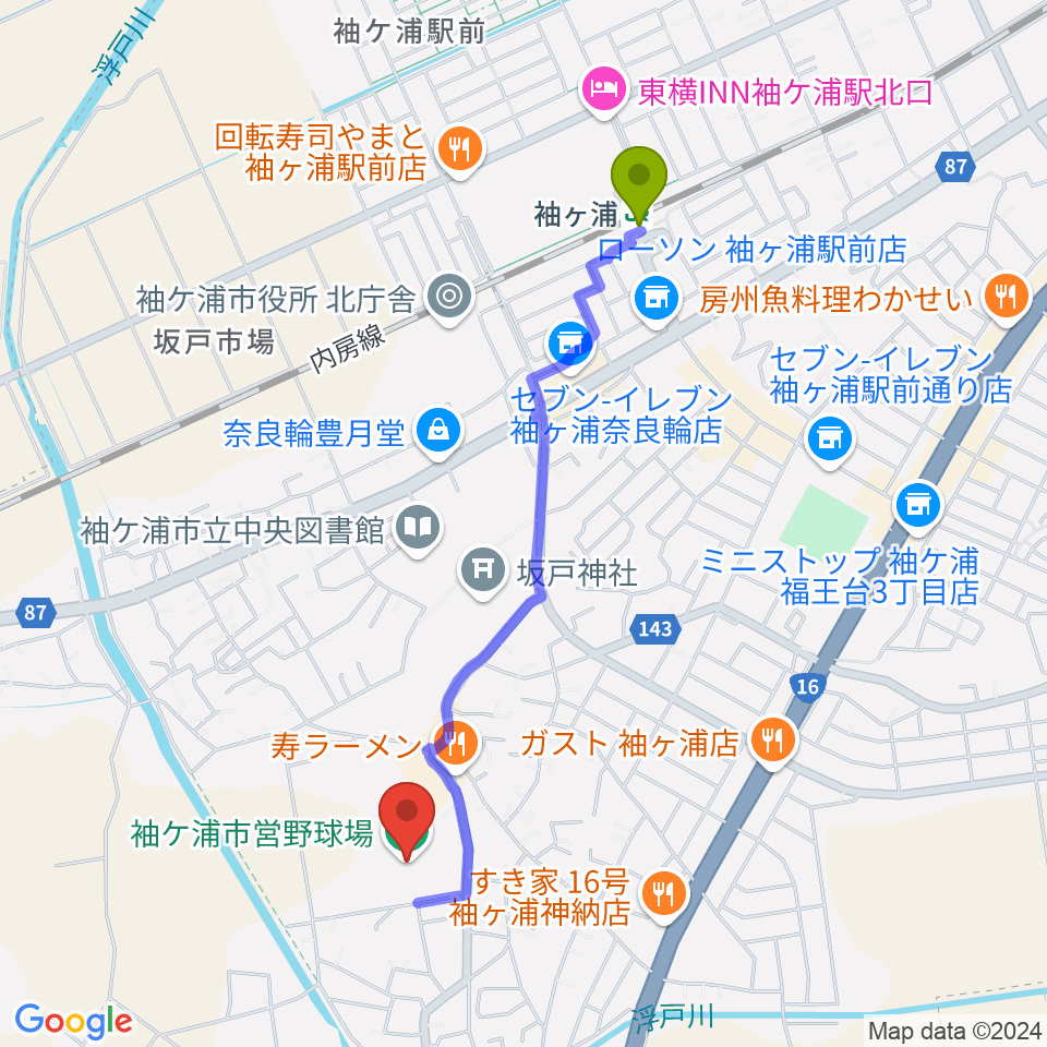 袖ケ浦市営野球場の最寄駅袖ケ浦駅からの徒歩ルート（約20分）地図