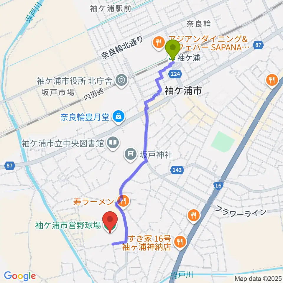 袖ケ浦市営野球場の最寄駅袖ケ浦駅からの徒歩ルート（約20分）地図